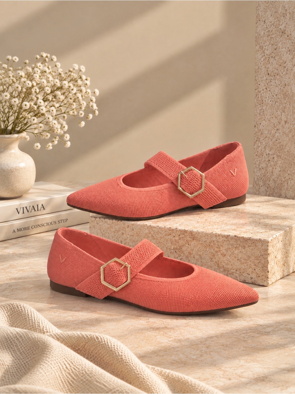 VIVAIA Maria Pointed-Toe Mary-Jane Flats in salmon, size 9